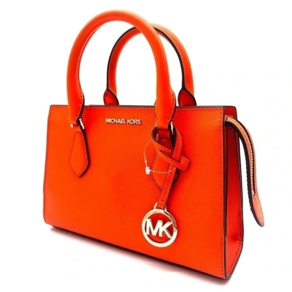Michael Kors Sheila Small Center Zip Satchel Shoulder Crossbody Bag Orange/Gold - Picture 2 of 11